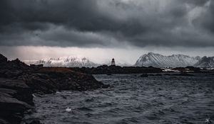 Preview wallpaper lighthouse, rocks, water, mountains