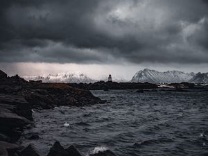 Preview wallpaper lighthouse, rocks, water, mountains
