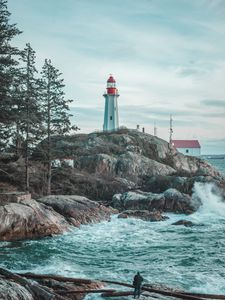 Preview wallpaper lighthouse, rocks, waves, photographer