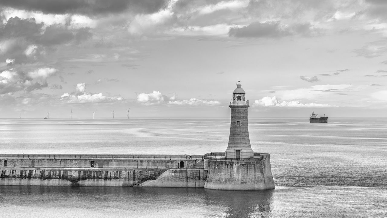 Wallpaper lighthouse, sea, bw, horizon, sky, clouds