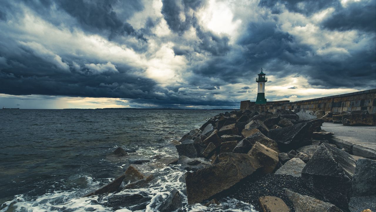 Wallpaper lighthouse, sea, coast, stones, clouds