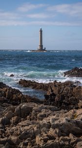 Preview wallpaper lighthouse, sea, coast, waves, rocks