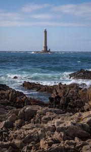 Preview wallpaper lighthouse, sea, coast, waves, rocks