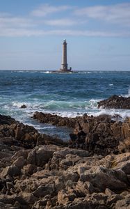 Preview wallpaper lighthouse, sea, coast, waves, rocks