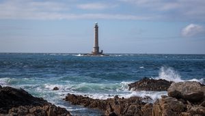 Preview wallpaper lighthouse, sea, coast, waves, rocks