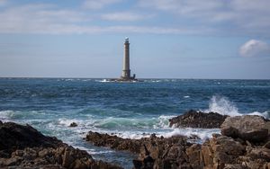 Preview wallpaper lighthouse, sea, coast, waves, rocks