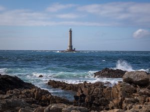 Preview wallpaper lighthouse, sea, coast, waves, rocks