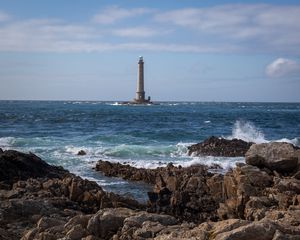 Preview wallpaper lighthouse, sea, coast, waves, rocks