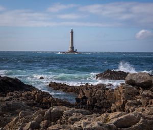 Preview wallpaper lighthouse, sea, coast, waves, rocks