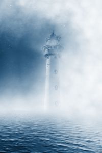 Preview wallpaper lighthouse, sea, fog, clouds