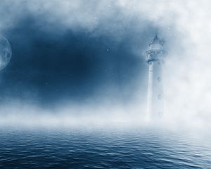 Preview wallpaper lighthouse, sea, fog, clouds