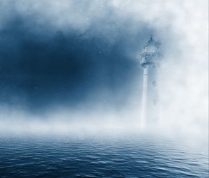 Preview wallpaper lighthouse, sea, fog, clouds