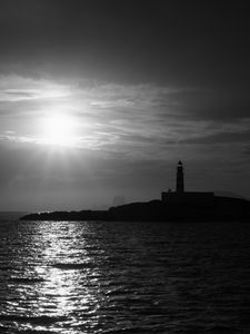 Preview wallpaper lighthouse, sea, glare, rays, dark