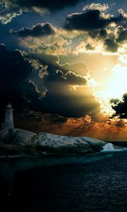 Preview wallpaper lighthouse, sea, night, shore, sunlight, overcast