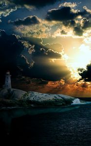 Preview wallpaper lighthouse, sea, night, shore, sunlight, overcast