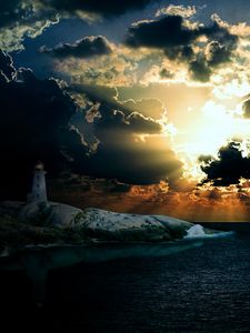 Preview wallpaper lighthouse, sea, night, shore, sunlight, overcast