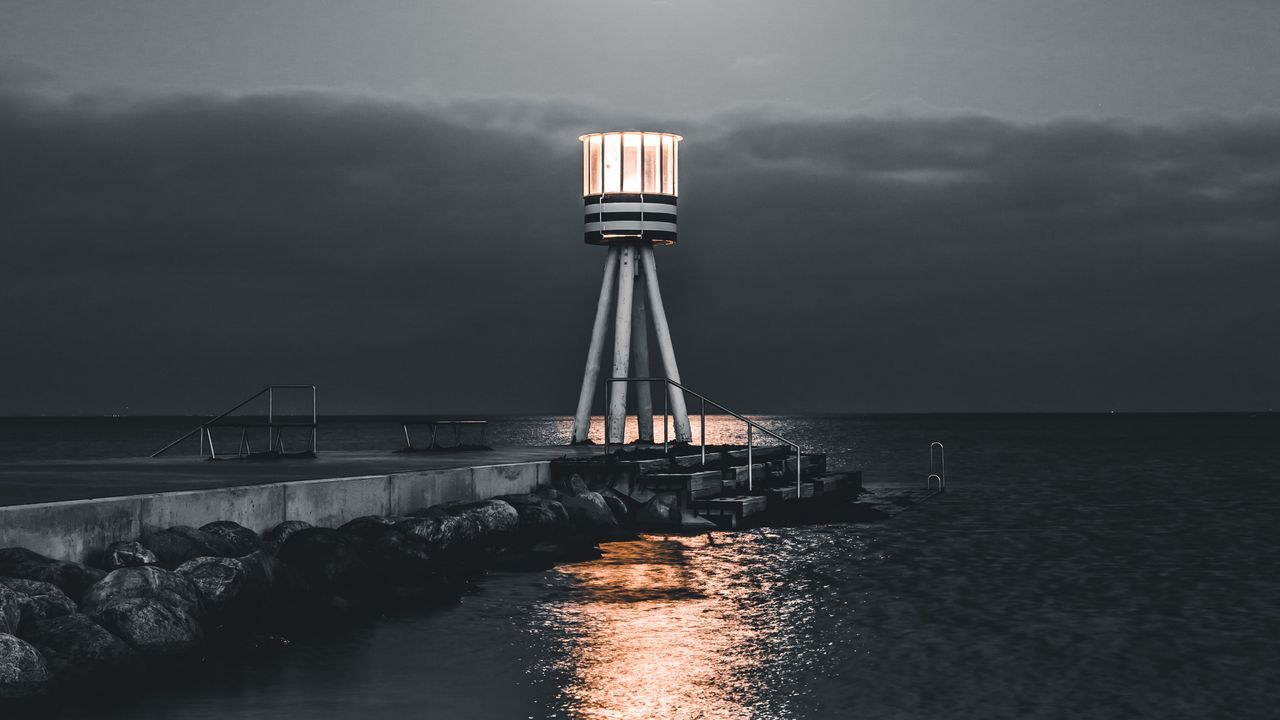 Wallpaper lighthouse, sea, pier, night, stones, water