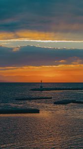 Preview wallpaper lighthouse, sea, pier, horizon, sunset