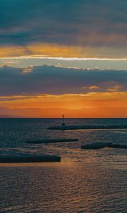 Preview wallpaper lighthouse, sea, pier, horizon, sunset