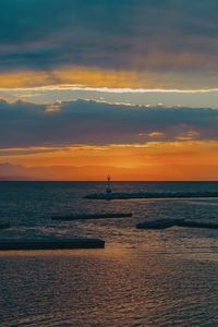 Preview wallpaper lighthouse, sea, pier, horizon, sunset