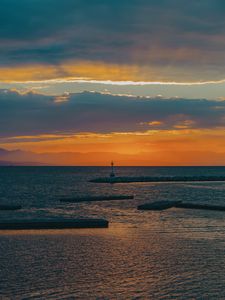 Preview wallpaper lighthouse, sea, pier, horizon, sunset