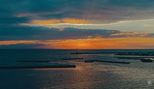 Preview wallpaper lighthouse, sea, pier, horizon, sunset