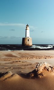 Preview wallpaper lighthouse, sea, sand, surf, waves, horizon