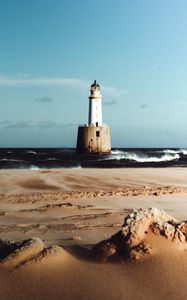 Preview wallpaper lighthouse, sea, sand, surf, waves, horizon