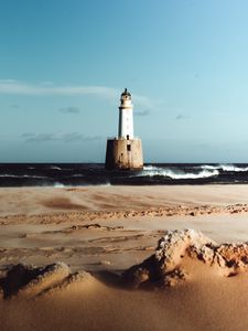 Preview wallpaper lighthouse, sea, sand, surf, waves, horizon