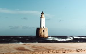 Preview wallpaper lighthouse, sea, sand, surf, waves, horizon