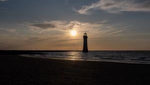 Preview wallpaper lighthouse, sea, shore, dark, sun