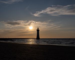 Preview wallpaper lighthouse, sea, shore, dark, sun