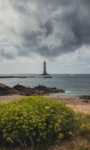 Preview wallpaper lighthouse, sea, shore, bush, stones
