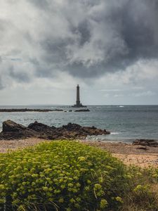 Preview wallpaper lighthouse, sea, shore, bush, stones