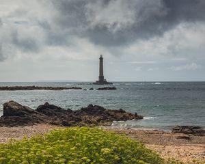 Preview wallpaper lighthouse, sea, shore, bush, stones