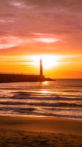 Preview wallpaper lighthouse, sea, sunset, dusk, coast