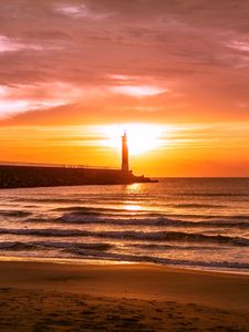 Preview wallpaper lighthouse, sea, sunset, dusk, coast