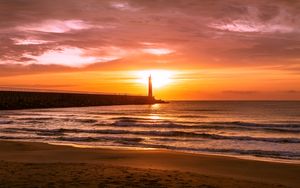Preview wallpaper lighthouse, sea, sunset, dusk, coast