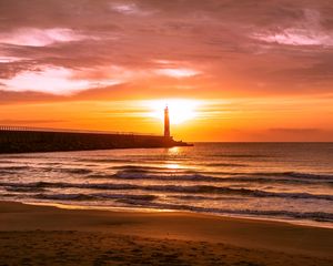 Preview wallpaper lighthouse, sea, sunset, dusk, coast
