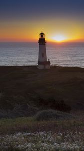 Preview wallpaper lighthouse, sea, sunset, dark