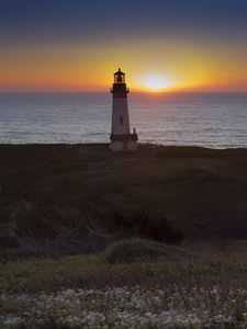 Preview wallpaper lighthouse, sea, sunset, dark