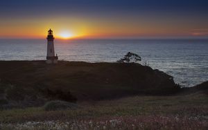 Preview wallpaper lighthouse, sea, sunset, dark
