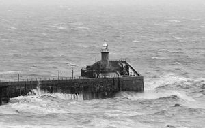Preview wallpaper lighthouse, sea, waves, bw