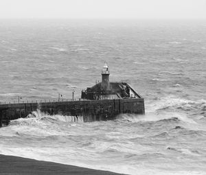 Preview wallpaper lighthouse, sea, waves, bw