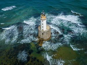 Preview wallpaper lighthouse, sea, waves, water, aerial view
