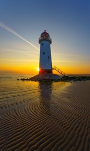 Preview wallpaper lighthouse, shore, sea, sand, sunrise