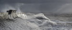 Preview wallpaper lighthouse, shore, waves, sea, storm, foam