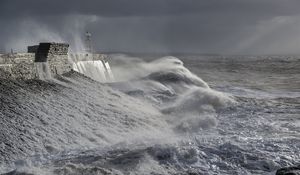 Preview wallpaper lighthouse, shore, waves, sea, storm, foam