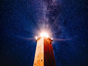 Preview wallpaper lighthouse, starry sky, light, night