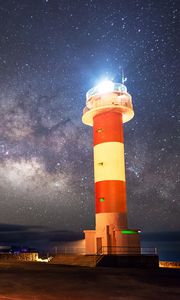 Preview wallpaper lighthouse, starry sky, milky way, night, shore